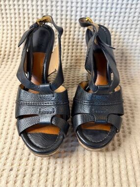 Chloé Renna Cork & Leather Platform Wedge Sandals Black EU 39 US 9